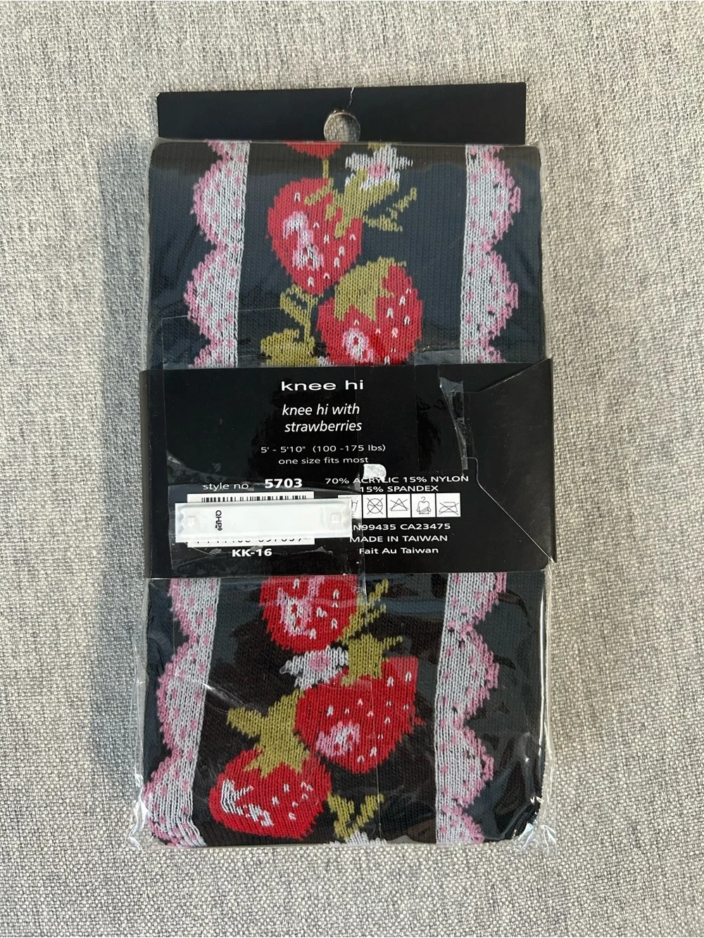 Music Legs Black Knee-High Socks with Red Strawberry Panel